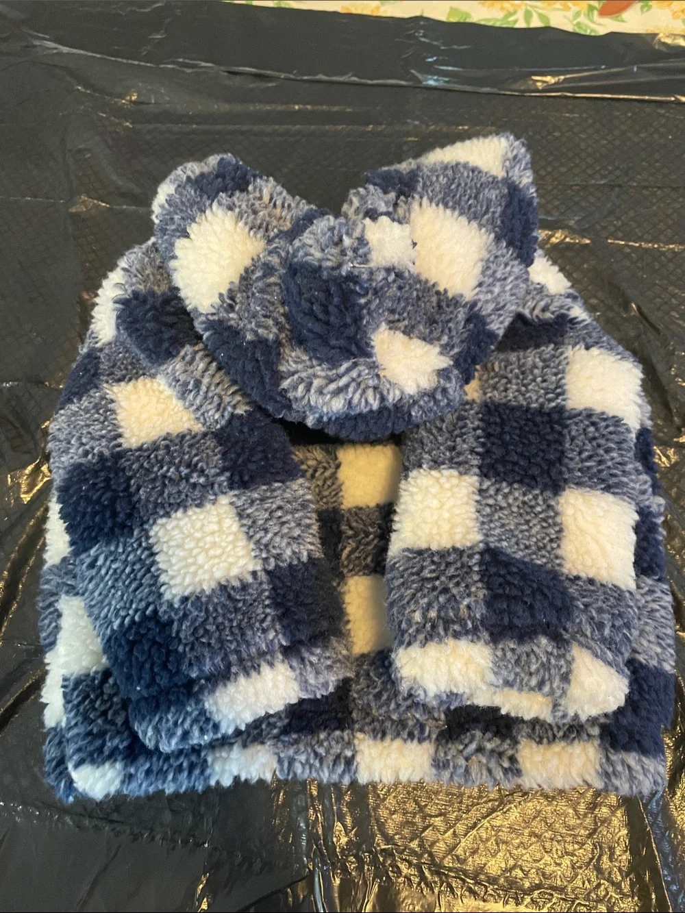 Carter's Plush Hooded Sherpa Jacket in Navy & Cream Buffalo Check